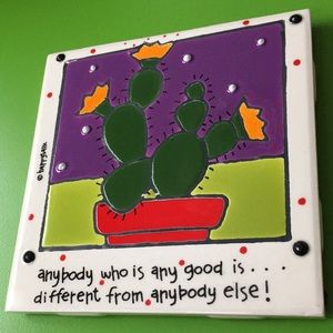 4.25” Ceramic art tile quote good is different HAPPYTALK cactus NEW OLD STOCK